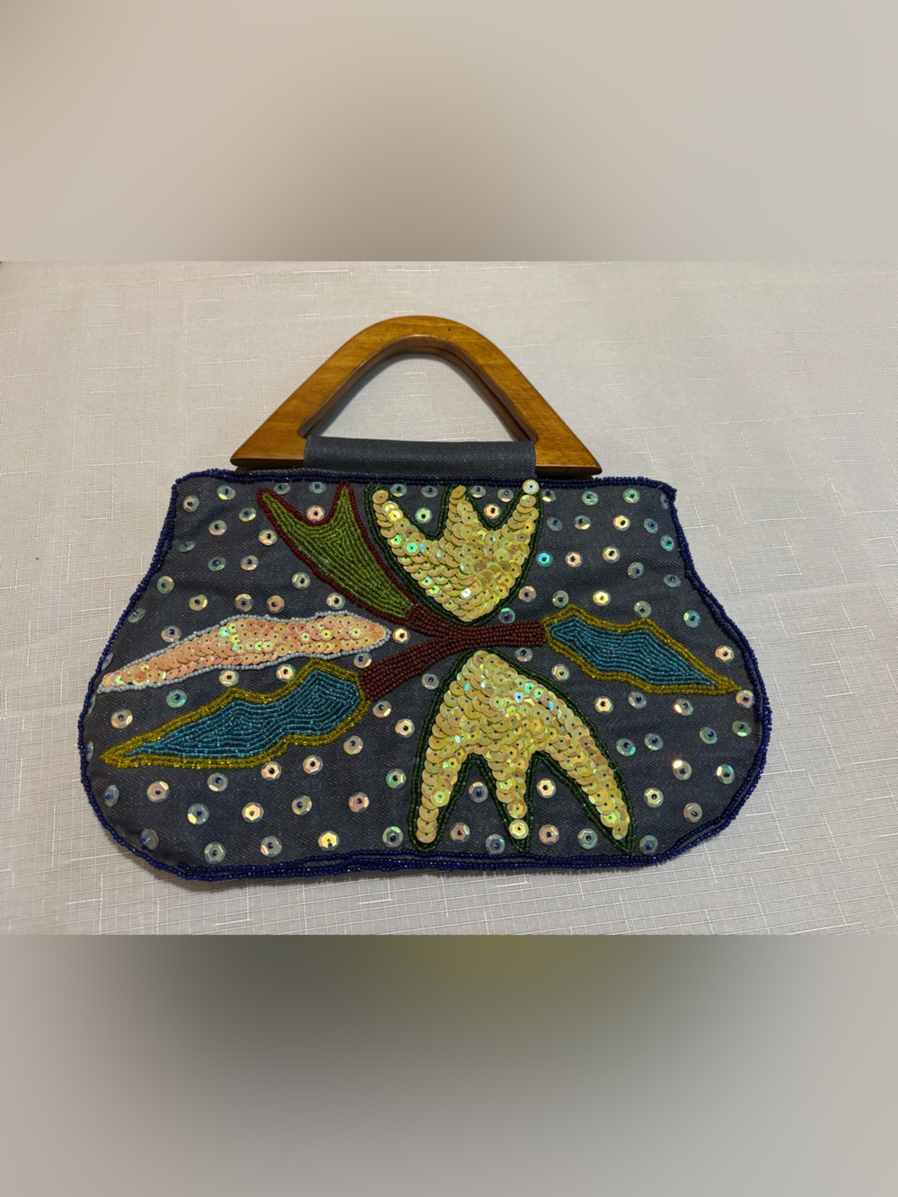 Sequin Butterfly in Blue & Multicolor Vintage Beaded Floral Bag wood handle